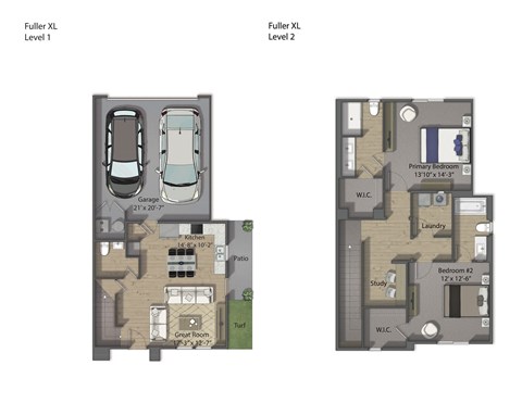 Floor plan for 2 beds, 2.5 baths, 1344 sqft